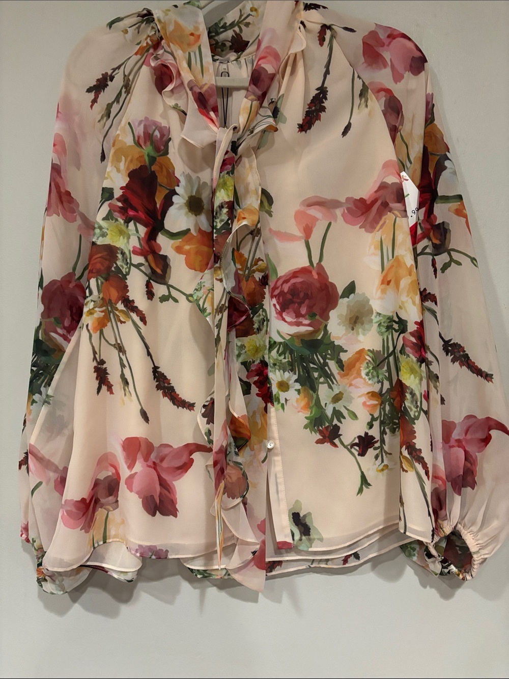 Kobi Halperin Galen blouse Cream Sheer Floral Tie-Neck Blouse with Pink & Green